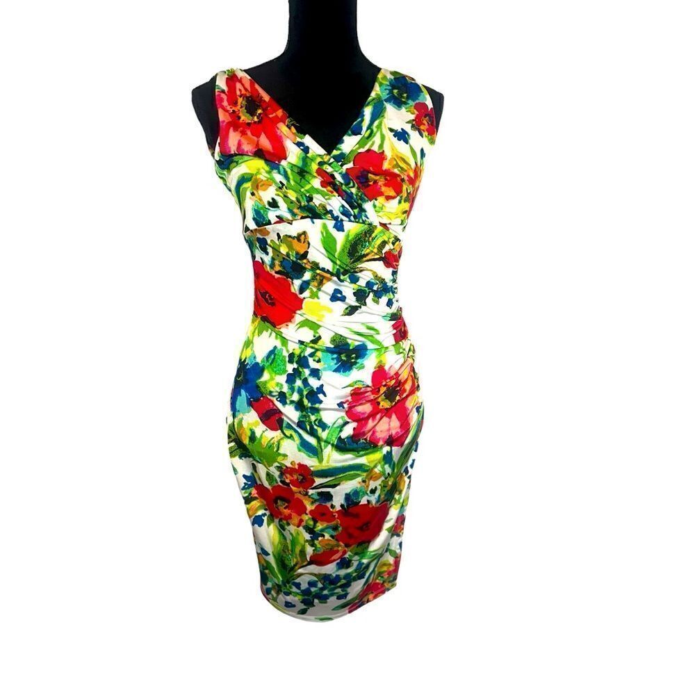 LAUREN RALPH LAUREN FLORAL JERSEY DRESS RUCHED‎ SURPLICE KNEE LENGTH SIZE 4